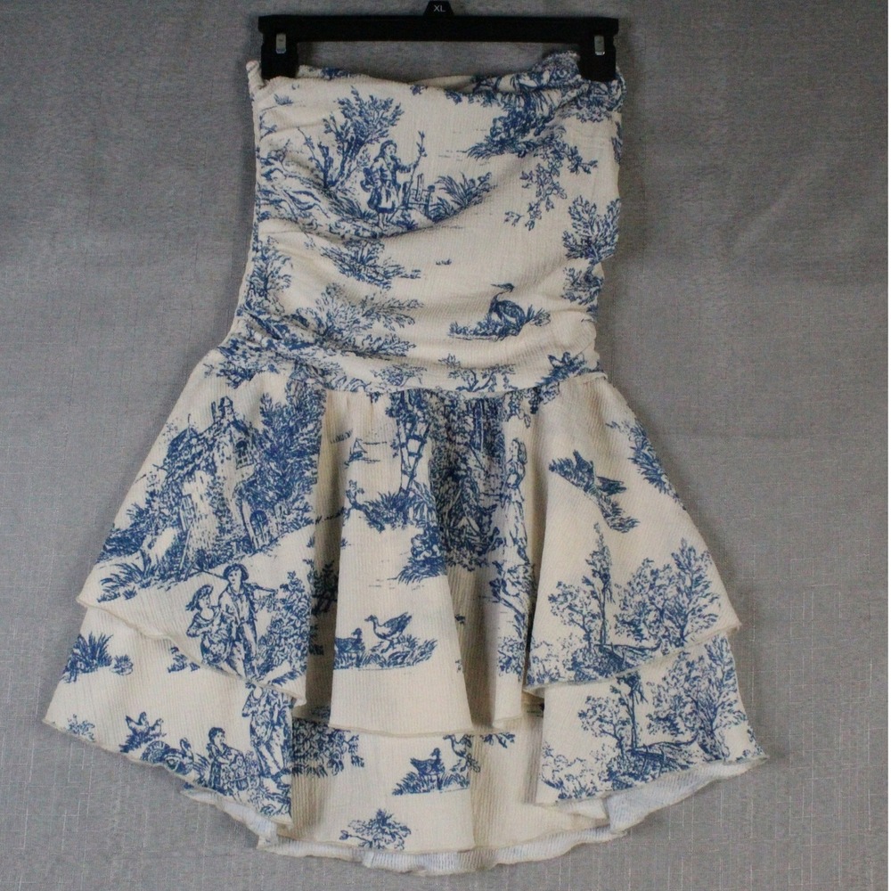 Cider Toile De Jouy Strapless Mini Dress XS Blue Cream Cottagecore Coquette